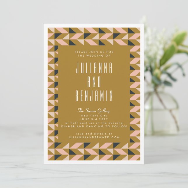Invitación Boda Art Déco Moderna Negro Rosado Dorado (Anverso de pie)
