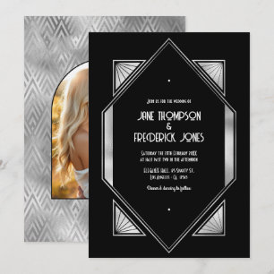 Invitación Boda Art Déco Negra y Plateada Moderna de Gatsby