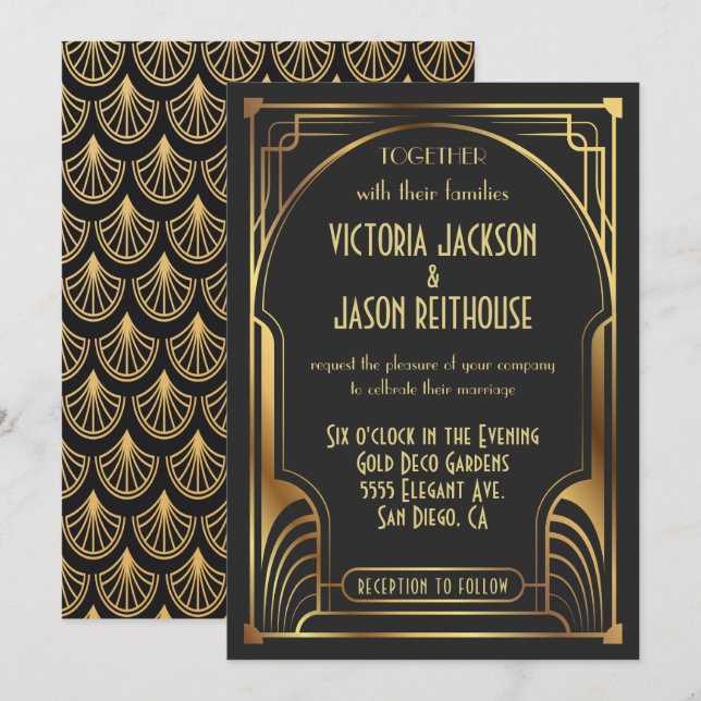 Invitación Boda Art Deco Nouveau Oro y Boda negro (Anverso / Reverso)