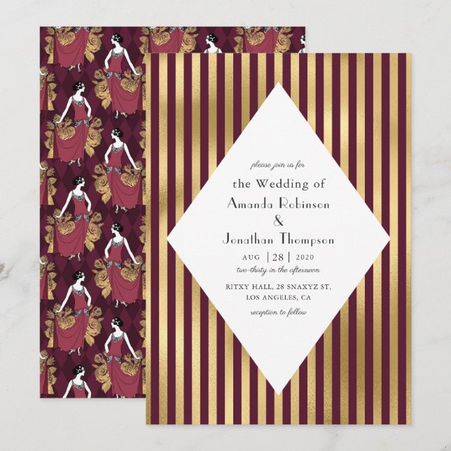 Invitación Boda Art Déco París en rojo burdeos y dorado (Anverso / Reverso)