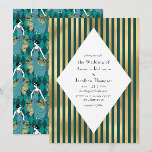 Invitación Boda Art Déco París en Turquesa y Dorado