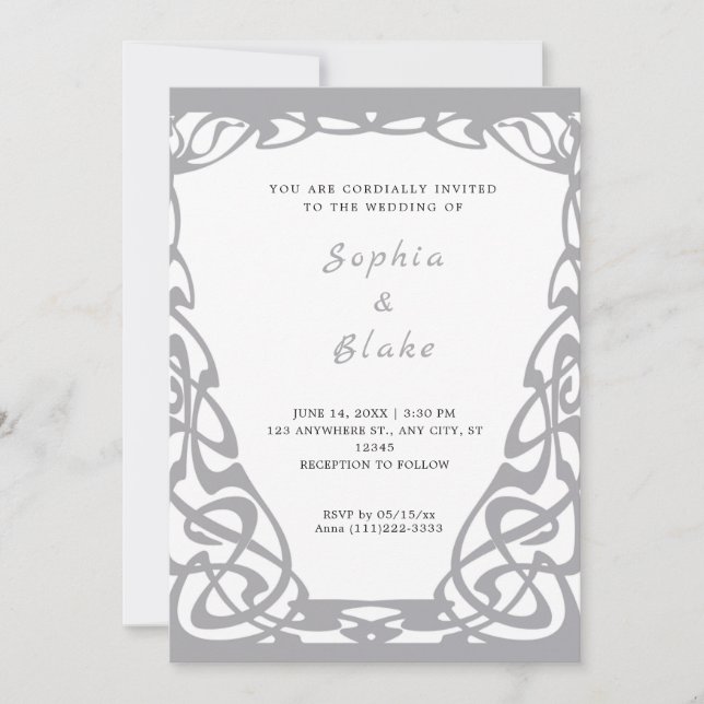 Invitación Boda Art Deco Plata bonito y Blanco (Anverso)