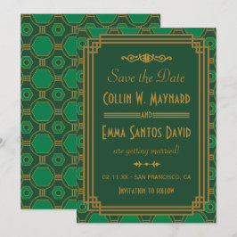 Invitación Boda Art Deco Verde Guardar La Fecha