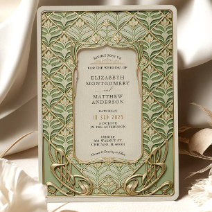 Invitación Boda Art Deco Verde y Oro