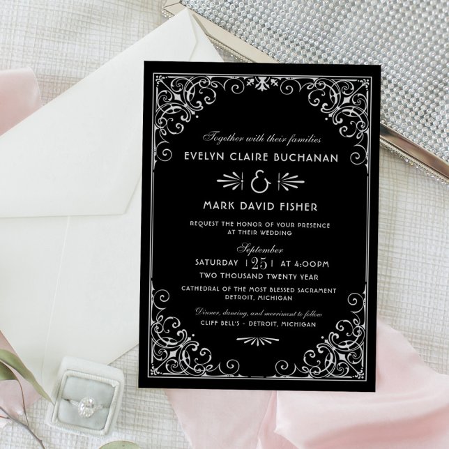 Invitación Boda Art Deco Vintage negro y plateado (Subido por el creador)