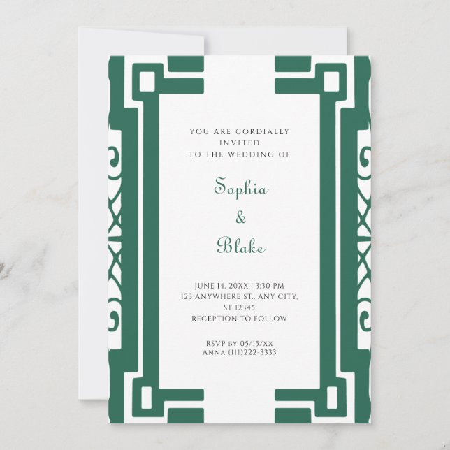 Invitación Boda Art Decó Vintage Verde y Blanco (Anverso)