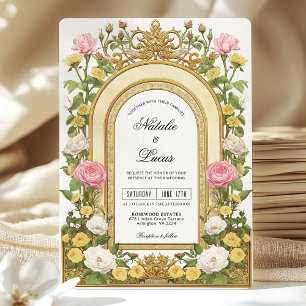 Invitación Boda Art Nouveau amarillo rosa de mantequilla