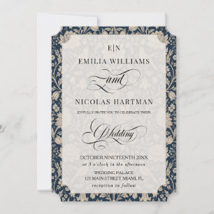Invitación Boda Art Nouveau azul marino