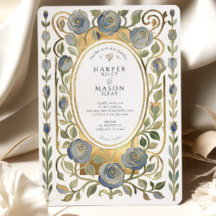 Invitación Boda Art Nouveau con Rosas Azules Polvorientas y D