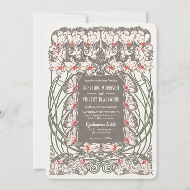 Invitación Boda Art Nouveau Cyclamen Elegance (Anverso)