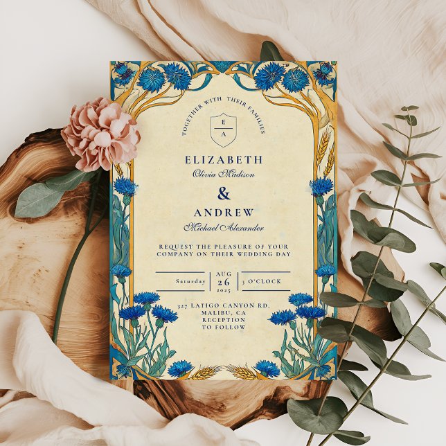 Invitación Boda Art Nouveau de Cornflower de Oro (Subido por el creador)