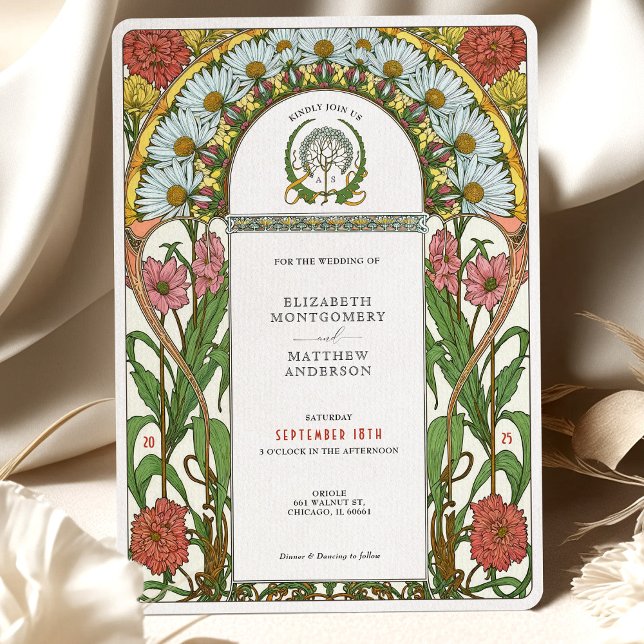 Invitación Boda Art Nouveau de Daisies y Zinnias Rosa (Subido por el creador)