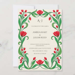 Invitación Boda Art Nouveau de escarlata vívido y esmeralda