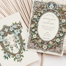 Invitación Boda Art Nouveau de lujosas rosas blancas