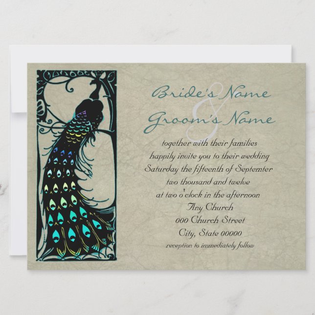 Invitación Boda Art Nouveau de Peacock (Anverso)