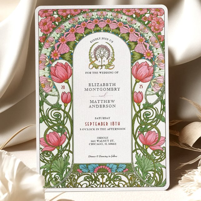 Invitación Boda Art Nouveau de tulipanes rosados de época (Subido por el creador)