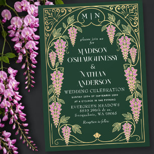 Invitación Boda Art Nouveau dorada con glicinas rosadas