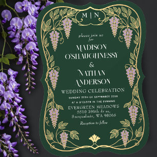 Invitación Boda Art Nouveau dorado con glicinas púrpura