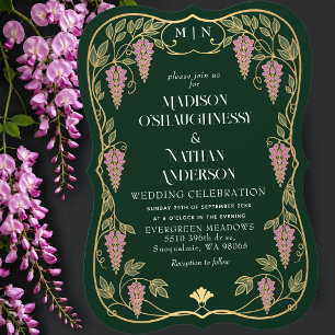 Invitación Boda Art Nouveau Dorado con Wisteria Rosa