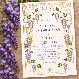 Invitación Boda Art Nouveau Dorado Wisteria Púrpura