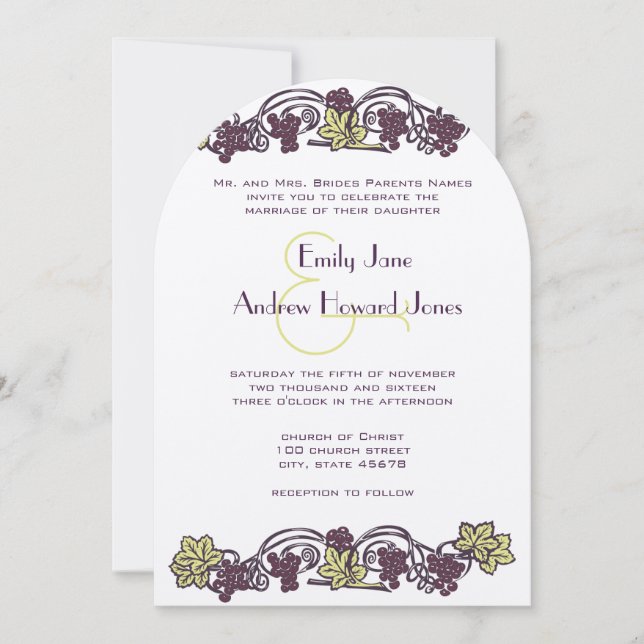 Invitación Boda Art Nouveau Eggplant Lime Vineyard (Anverso)