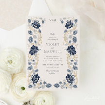 Boda Art Nouveau Floral Azul Marino Dorado