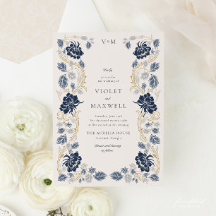 Invitación Boda Art Nouveau Floral Azul Marino Dorado