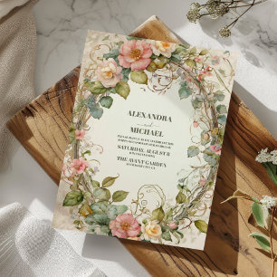 Invitación Boda Art Nouveau Floral Verde Oliva Rosa