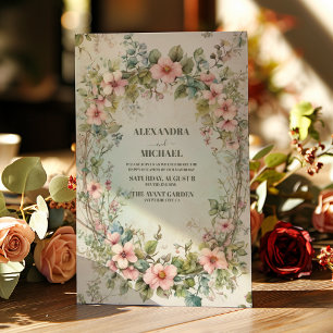 Invitación Boda Art Nouveau Floral Verde Oliva Rosa