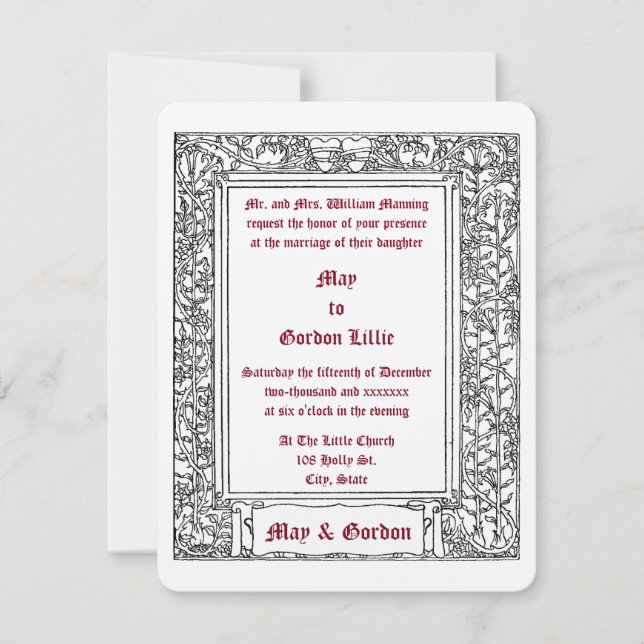 Invitación Boda Art Nouveau Floral Vine Border & Hearts (Anverso)