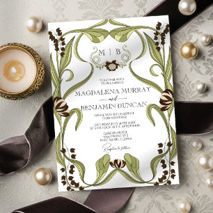 Invitación Boda Art Nouveau Floral Vintage Café Exprés Marrón