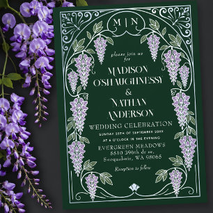 Invitación Boda Art Nouveau Plata con Wisteria Púrpura