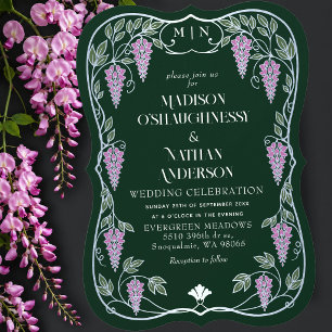 Invitación Boda Art Nouveau Plata con Wisteria Rosa