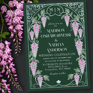 Invitación Boda Art Nouveau Plata con Wisteria Rosa