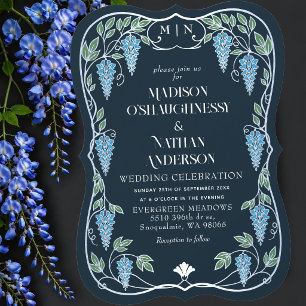 Invitación Boda Art Nouveau Plata Wisteria Azul