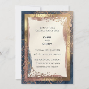 Invitación Boda Art Nouveau Rosa Dorada Azul Pizarra
