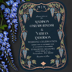 Invitación Boda Art Nouveau Rosa Dorado con Wisteria Azul