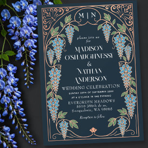 Invitación Boda Art Nouveau Rosa Dorado con Wisteria Azul