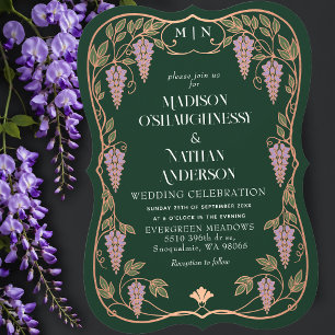 Invitación Boda Art Nouveau Rosa Dorado con Wisteria Púrpura