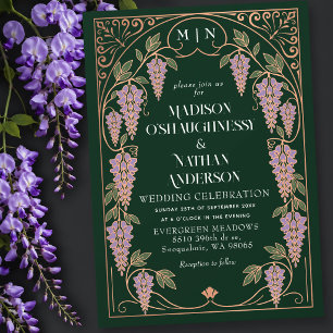 Invitación Boda Art Nouveau Rosa Dorado con Wisteria Púrpura