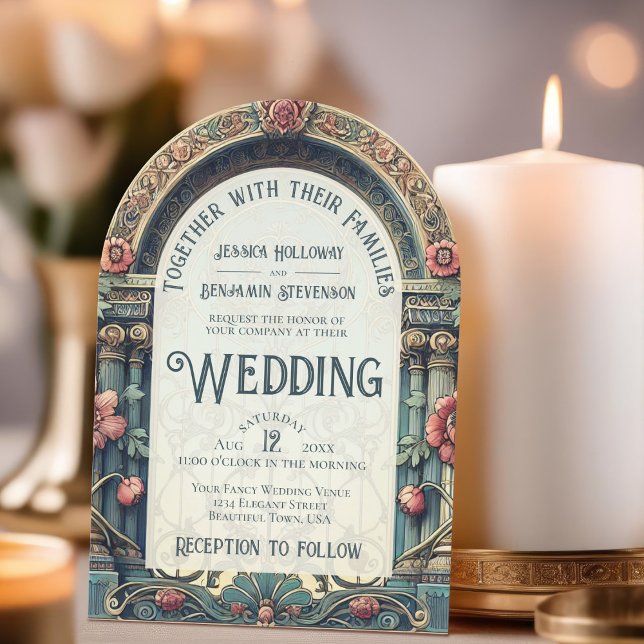 Invitación Boda Art Nouveau verde azulado y rosa elegante (With Arch Cut)