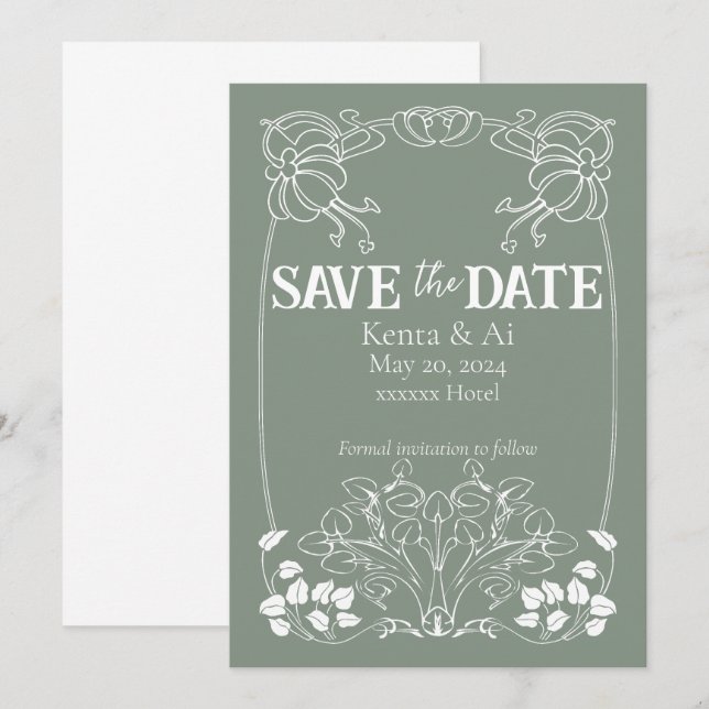 Invitación boda, Art Nouveau verde y blanco (Anverso / Reverso)