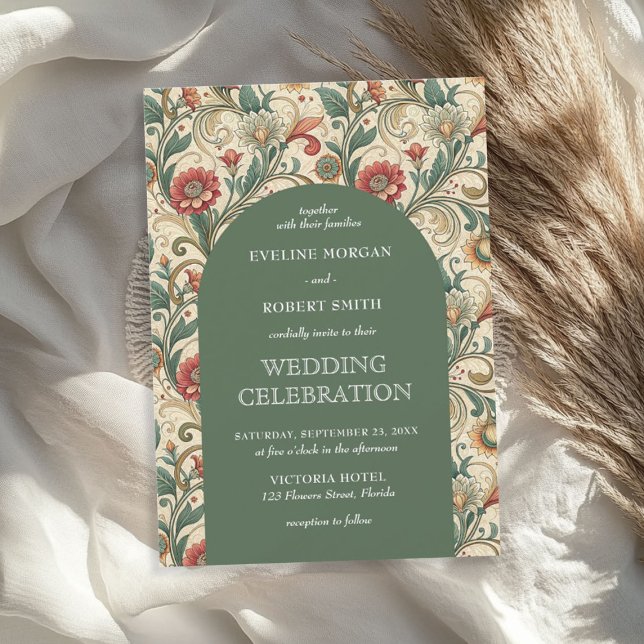 Invitación Boda Art Nouveau vintage Dusty Green terracota (Vintage Dusty green terracotta Art Nouveau wedding Invitation)