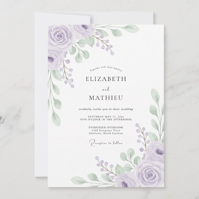Invitación Boda artesanal de hoja de violeta pálida (Anverso)