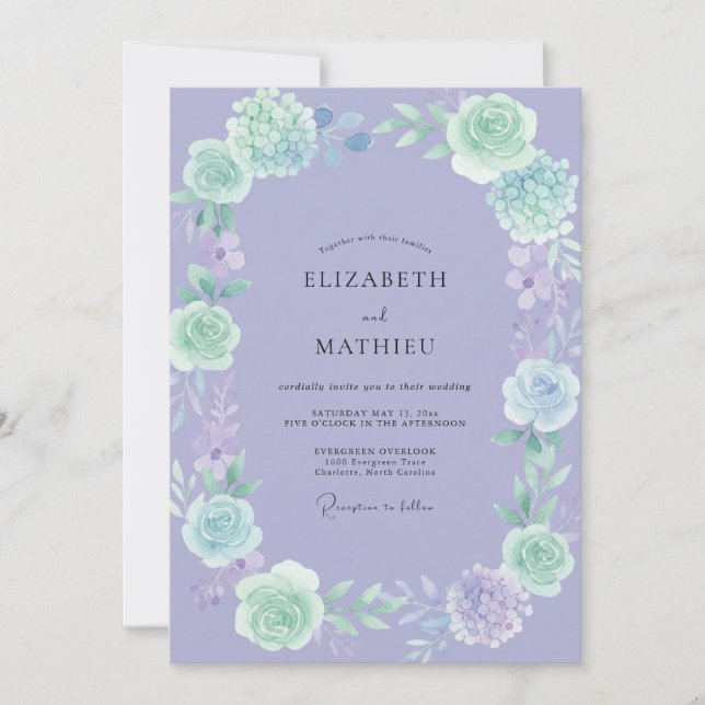 Invitación Boda Artisanal de Peonía Menta Periwinkle (Anverso)