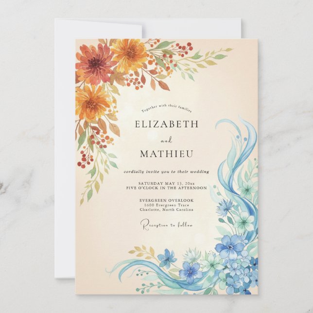 Invitación Boda Artística Acuarela Ámbar Turquesa (Anverso)