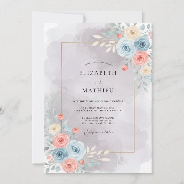 Invitación Boda Artística Acuarela Azul Claro (Anverso)