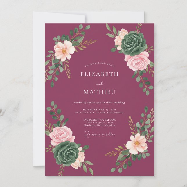 Invitación Boda Artística Botánica de Borgoña (Anverso)