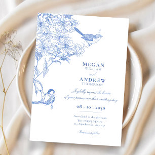 Invitación Boda artística botánica de pájaro azul