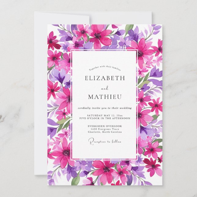 Invitación Boda Artística Caprichosa Floral Magenta (Anverso)